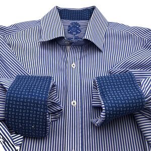 English Laundry Long Sleeve Contrast Cuff Dress Shirt Blue Striped Size 16 1/2
